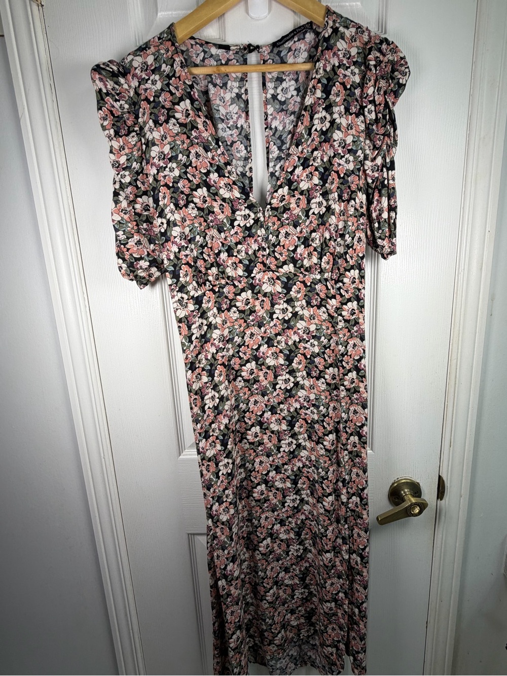 Abercrombie & Fitch Floral Maxi Dress XLP Black Pink Cream Puff Sleeve Boho Chic